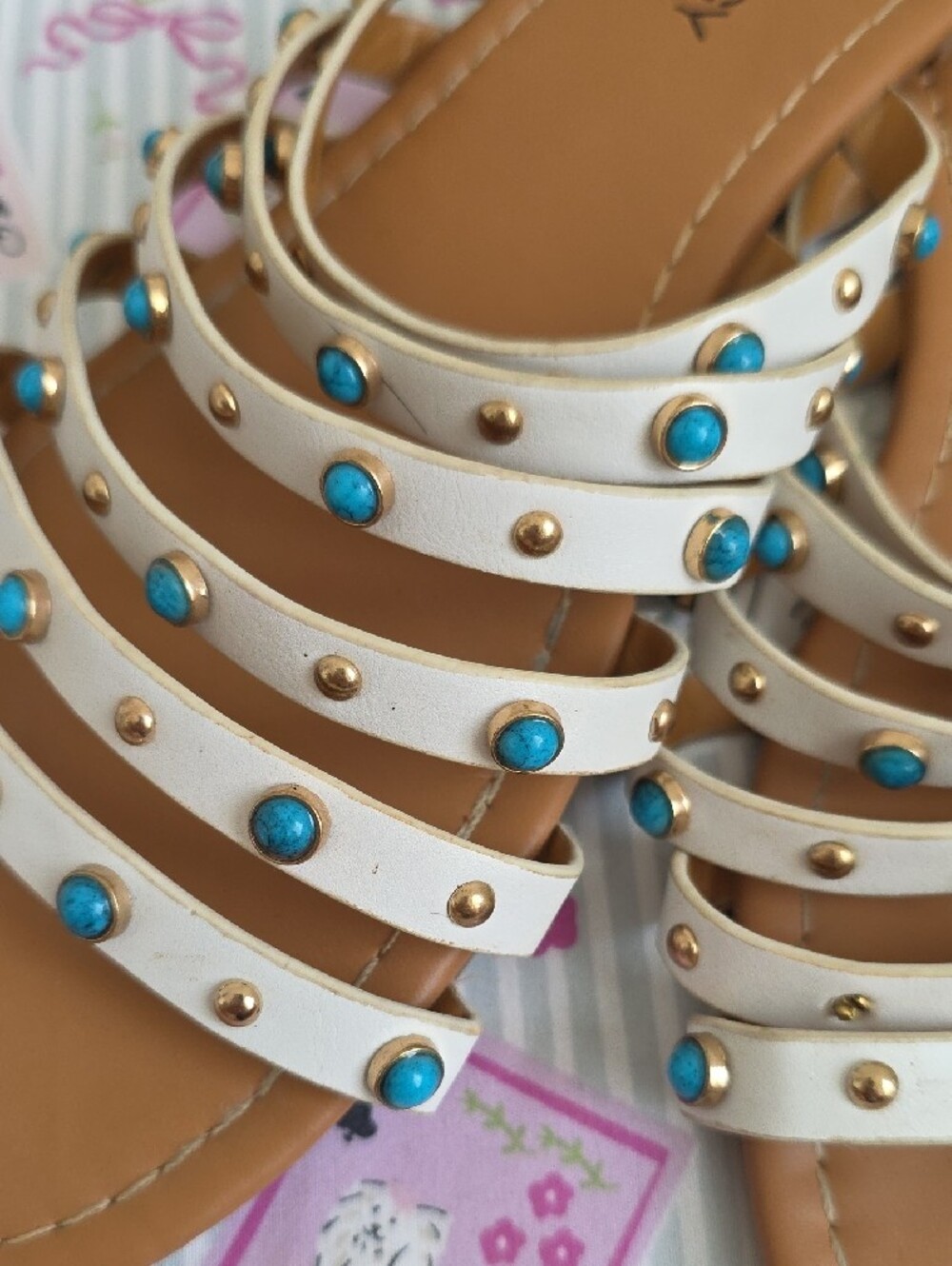 Sociology White Strappy Sandals with Turquoise Studs - Picture 2 of 6